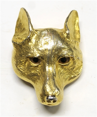 Heavy Gold Tone Metal Fox Head Belt Buckle  - Glass Eyes - Buckle Measures 4 by 3