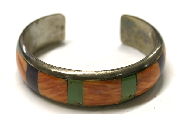 O. Crespin Sterling Silver Turquoise and Coral Inlaid Cuff Bracelet - Bracelet Measures 5/8 Wide - Osavio Crespin Sr. Santo Domingo Pueblo Native American Jeweler