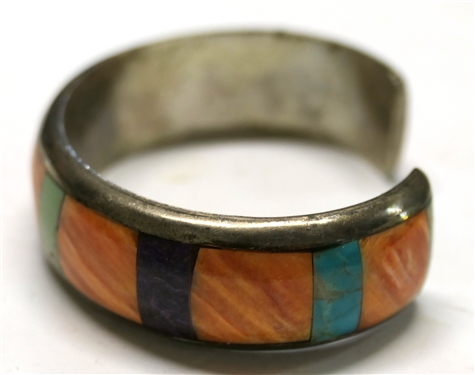 O. Crespin Sterling Silver Turquoise and Coral Inlaid Cuff Bracelet - Bracelet Measures 5/8 Wide - Osavio Crespin Sr. Santo Domingo Pueblo Native American Jeweler