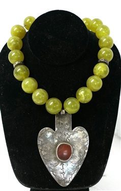 Beautiful Hand Made Melanie DeLuca Necklace - Green Stone Beads Over Hand Made Silver Heart Pendant with Bezel Set Red Stone -Original Melanie Tag - Necklace Measures 16 Not Including Pendant