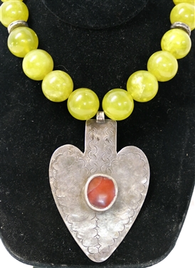 Beautiful Hand Made Melanie DeLuca Necklace - Green Stone Beads Over Hand Made Silver Heart Pendant with Bezel Set Red Stone -Original Melanie Tag - Necklace Measures 16 Not Including Pendant