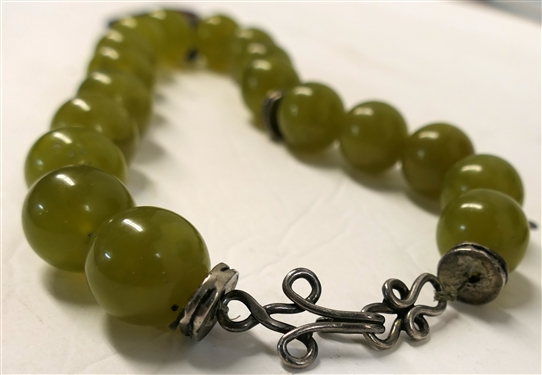 Beautiful Hand Made Melanie DeLuca Necklace - Green Stone Beads Over Hand Made Silver Heart Pendant with Bezel Set Red Stone -Original Melanie Tag - Necklace Measures 16 Not Including Pendant