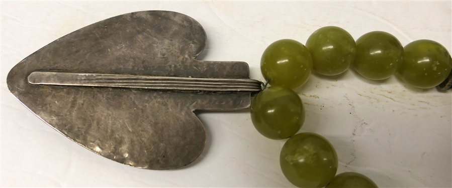 Beautiful Hand Made Melanie DeLuca Necklace - Green Stone Beads Over Hand Made Silver Heart Pendant with Bezel Set Red Stone -Original Melanie Tag - Necklace Measures 16 Not Including Pendant