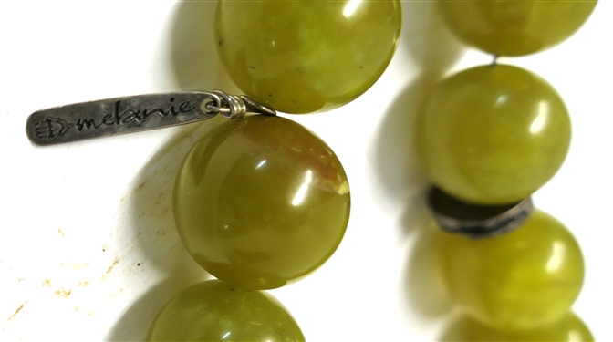 Beautiful Hand Made Melanie DeLuca Necklace - Green Stone Beads Over Hand Made Silver Heart Pendant with Bezel Set Red Stone -Original Melanie Tag - Necklace Measures 16 Not Including Pendant