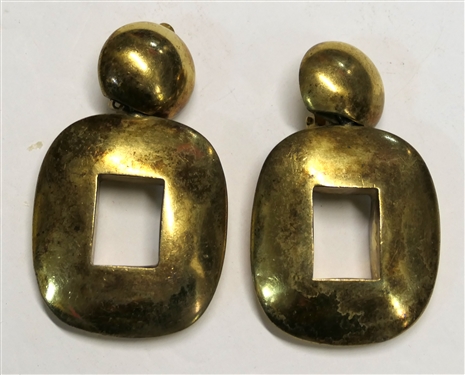 Vaubel 1993 Hand Made Gold Tone Clip on Earrings - Circles Over Rectangles - One Earring Clip Needs Tightening - Earring Measure 2 1/2 by 1 1/2 