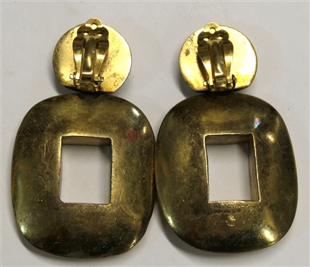 Vaubel 1993 Hand Made Gold Tone Clip on Earrings - Circles Over Rectangles - One Earring Clip Needs Tightening - Earring Measure 2 1/2 by 1 1/2 
