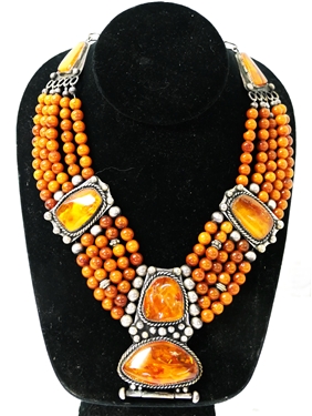 Fine Hand Made Amber Necklace Signe MH in Script on Clasp - 7 Bezel Set Amber Stones with Amber and Silver Beads - Necklace Measures Approx. 16