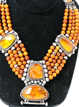 Fine Hand Made Amber Necklace Signe MH in Script on Clasp - 7 Bezel Set Amber Stones with Amber and Silver Beads - Necklace Measures Approx. 16