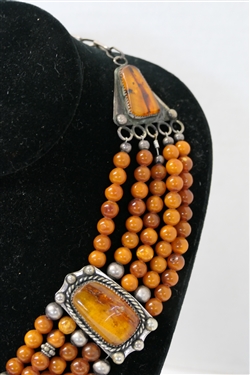 Fine Hand Made Amber Necklace Signe MH in Script on Clasp - 7 Bezel Set Amber Stones with Amber and Silver Beads - Necklace Measures Approx. 16