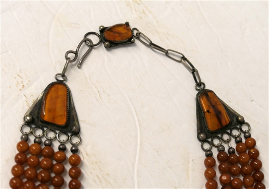 Fine Hand Made Amber Necklace Signe MH in Script on Clasp - 7 Bezel Set Amber Stones with Amber and Silver Beads - Necklace Measures Approx. 16