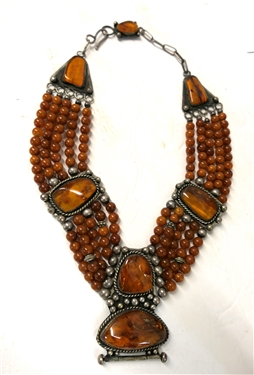 Fine Hand Made Amber Necklace Signe MH in Script on Clasp - 7 Bezel Set Amber Stones with Amber and Silver Beads - Necklace Measures Approx. 16