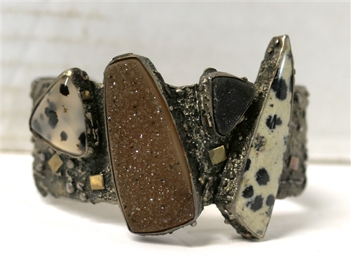Handmade Modernistic Cuff Bracelet with Dalmatian Jasper and Drusy Quartz Stones - Signed In Script Inside and Dated 2007 - Bracelet Measures 1 Wide