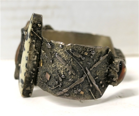 Handmade Modernistic Cuff Bracelet with Dalmatian Jasper and Drusy Quartz Stones - Signed In Script Inside and Dated 2007 - Bracelet Measures 1 Wide