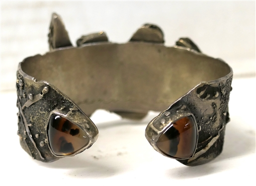 Handmade Modernistic Cuff Bracelet with Dalmatian Jasper and Drusy Quartz Stones - Signed In Script Inside and Dated 2007 - Bracelet Measures 1 Wide