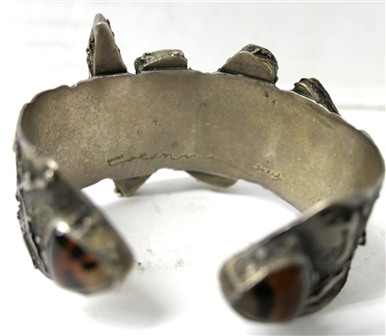 Handmade Modernistic Cuff Bracelet with Dalmatian Jasper and Drusy Quartz Stones - Signed In Script Inside and Dated 2007 - Bracelet Measures 1 Wide