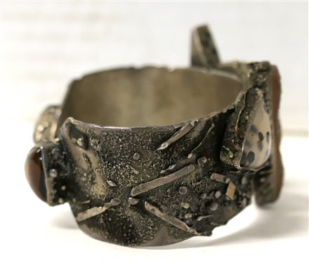Handmade Modernistic Cuff Bracelet with Dalmatian Jasper and Drusy Quartz Stones - Signed In Script Inside and Dated 2007 - Bracelet Measures 1 Wide