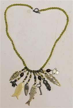 Very Cool Charm Necklace With Carved Bone Fish and Pewter Frogs - Signed Wood 1987 - Necklace Measures 37 Long Not Including Charms