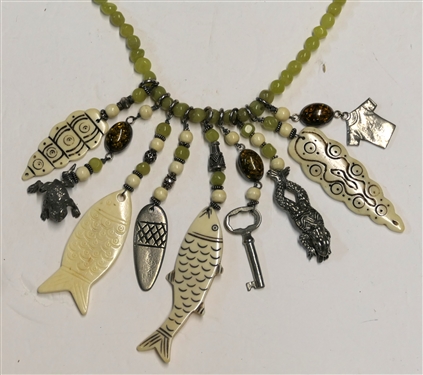 Very Cool Charm Necklace With Carved Bone Fish and Pewter Frogs - Signed Wood 1987 - Necklace Measures 37 Long Not Including Charms