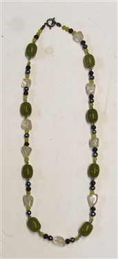 Nice Green Beaded Necklace with Green Stones, Clear Crystals, and Glass Beds - Necklace Measures 36 Long