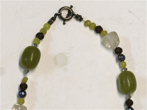 Nice Green Beaded Necklace with Green Stones, Clear Crystals, and Glass Beds - Necklace Measures 36 Long