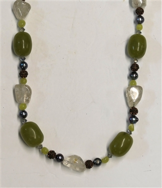 Nice Green Beaded Necklace with Green Stones, Clear Crystals, and Glass Beds - Necklace Measures 36 Long