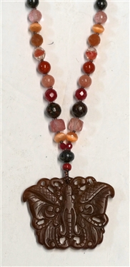 Rachel Reinhardt Beaded Necklace with Carved Stone Butterfly - Necklace Measures 18
