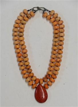 2 Strand Beaded Necklace with Light Orange Stone Beads, Seed Bead Spacers, and Red Stone - Necklace Measures 18
