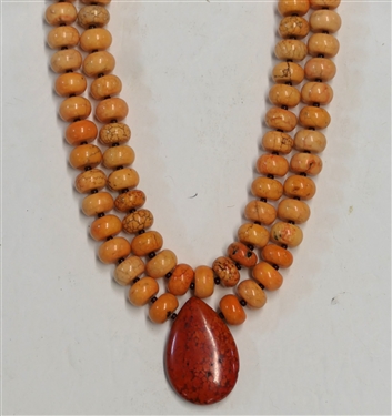 2 Strand Beaded Necklace with Light Orange Stone Beads, Seed Bead Spacers, and Red Stone - Necklace Measures 18