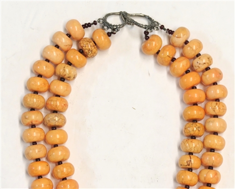 2 Strand Beaded Necklace with Light Orange Stone Beads, Seed Bead Spacers, and Red Stone - Necklace Measures 18