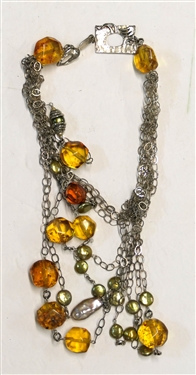 Sterling Silver Necklace with Amber Stones, Freshwater Pearl Coins, and Larger Freshwater Pearls - Handmade Silver Clasp - Necklace is Very Tangled Will Need To Be Untangled
