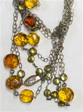 Sterling Silver Necklace with Amber Stones, Freshwater Pearl Coins, and Larger Freshwater Pearls - Handmade Silver Clasp - Necklace is Very Tangled Will Need To Be Untangled