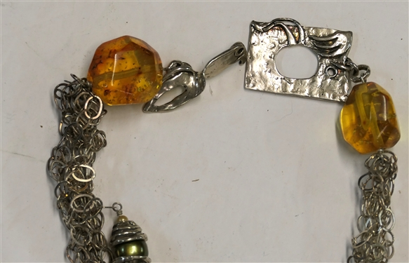Sterling Silver Necklace with Amber Stones, Freshwater Pearl Coins, and Larger Freshwater Pearls - Handmade Silver Clasp - Necklace is Very Tangled Will Need To Be Untangled