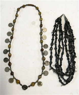 2 Tibetan Coin Necklaces - Black 4 Strand Necklace is Missing Clasp - Single Strand Necklace Measures 32 Long