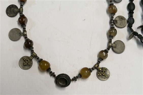 2 Tibetan Coin Necklaces - Black 4 Strand Necklace is Missing Clasp - Single Strand Necklace Measures 32 Long
