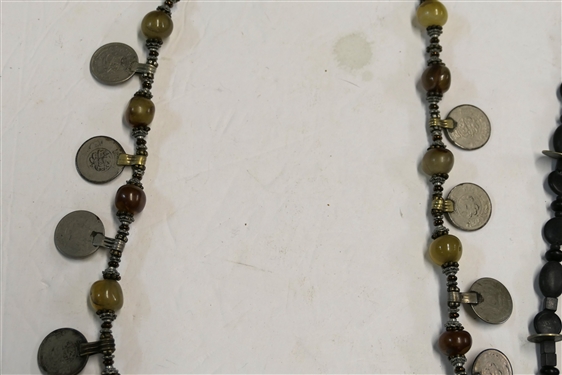 2 Tibetan Coin Necklaces - Black 4 Strand Necklace is Missing Clasp - Single Strand Necklace Measures 32 Long
