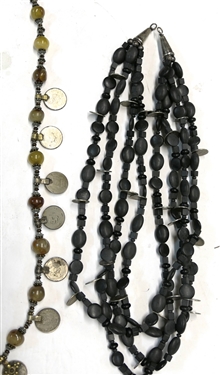 2 Tibetan Coin Necklaces - Black 4 Strand Necklace is Missing Clasp - Single Strand Necklace Measures 32 Long