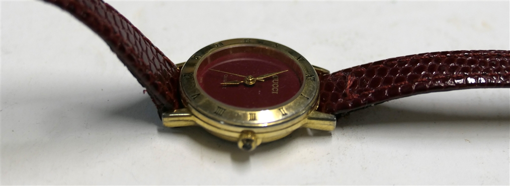 Red Face Gucci Quartz Ladies Wrist Watch with Red Leather Band - Watch Measures 3/4 Across Face - Needs Battery