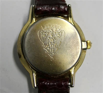 Red Face Gucci Quartz Ladies Wrist Watch with Red Leather Band - Watch Measures 3/4 Across Face - Needs Battery