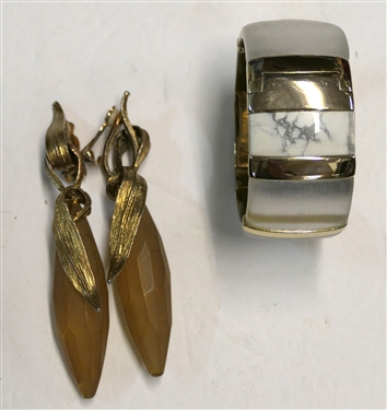 Alexis Bittar Lucite Cuff Bracelet with Satin and White Lucite and Pair of Gold tone and Acrylic Clip On Earrings - Earrings Measure 4 Long