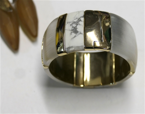 Alexis Bittar Lucite Cuff Bracelet with Satin and White Lucite and Pair of Gold tone and Acrylic Clip On Earrings - Earrings Measure 4 Long