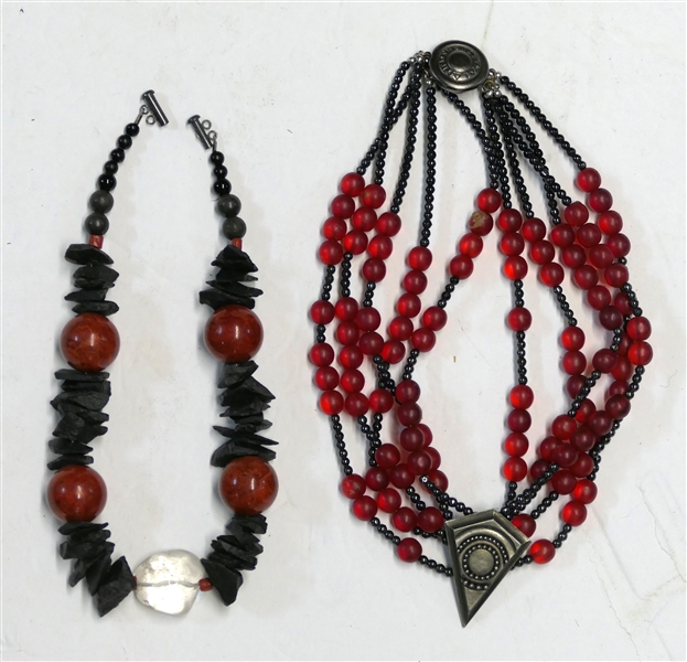 Chunky Stone Beaded Necklace with Red, Black, and Clear Stones - Sterling Silver Clasp and Alann Designs Beaded Necklace with Diamond Shaped Accent - Stone Necklace Measures 16"