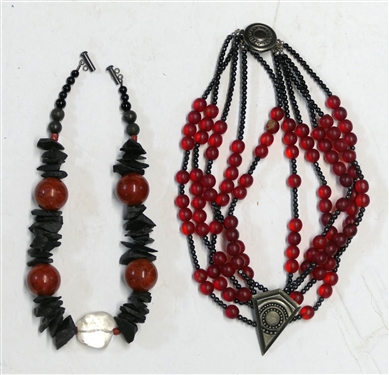 Chunky Stone Beaded Necklace with Red, Black, and Clear Stones - Sterling Silver Clasp and Alann Designs Beaded Necklace with Diamond Shaped Accent - Stone Necklace Measures 16