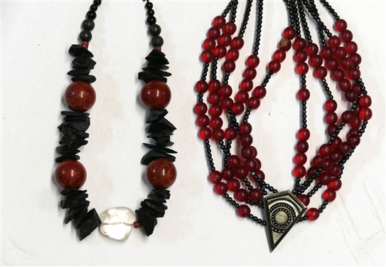 Chunky Stone Beaded Necklace with Red, Black, and Clear Stones - Sterling Silver Clasp and Alann Designs Beaded Necklace with Diamond Shaped Accent - Stone Necklace Measures 16