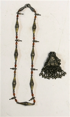Hand Made Metal Beaded Necklace and Hand Made Tribal Perfume Bottle - Missing Top - Necklace Measures 47 Long