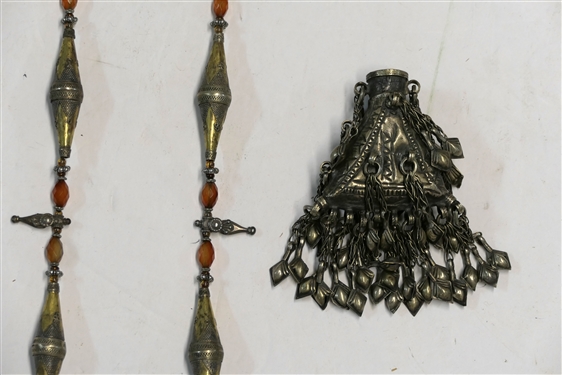 Hand Made Metal Beaded Necklace and Hand Made Tribal Perfume Bottle - Missing Top - Necklace Measures 47 Long