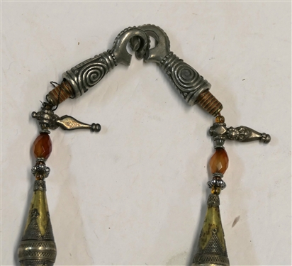 Hand Made Metal Beaded Necklace and Hand Made Tribal Perfume Bottle - Missing Top - Necklace Measures 47 Long