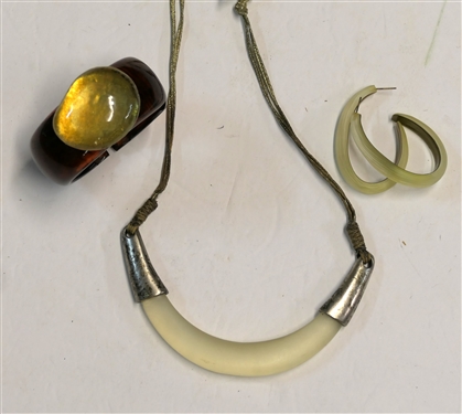 DKCo. Lucite and Metal Necklace- Needs to Be Retied, Pair of Lucite Hook Earrings, and Amber Lucite Cuff Bracelet 