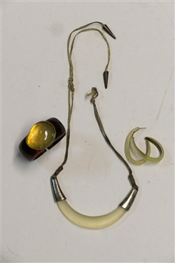 DKCo. Lucite and Metal Necklace- Needs to Be Retied, Pair of Lucite Hook Earrings, and Amber Lucite Cuff Bracelet 