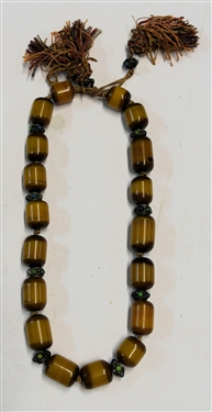 Hand Knotted Butterscotch Bakelite Beaded Necklace, Silver Spacers with Bezel Set Stones, Tassels 