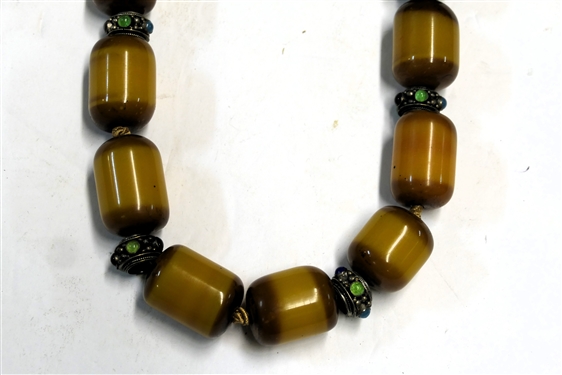Hand Knotted Butterscotch Bakelite Beaded Necklace, Silver Spacers with Bezel Set Stones, Tassels 